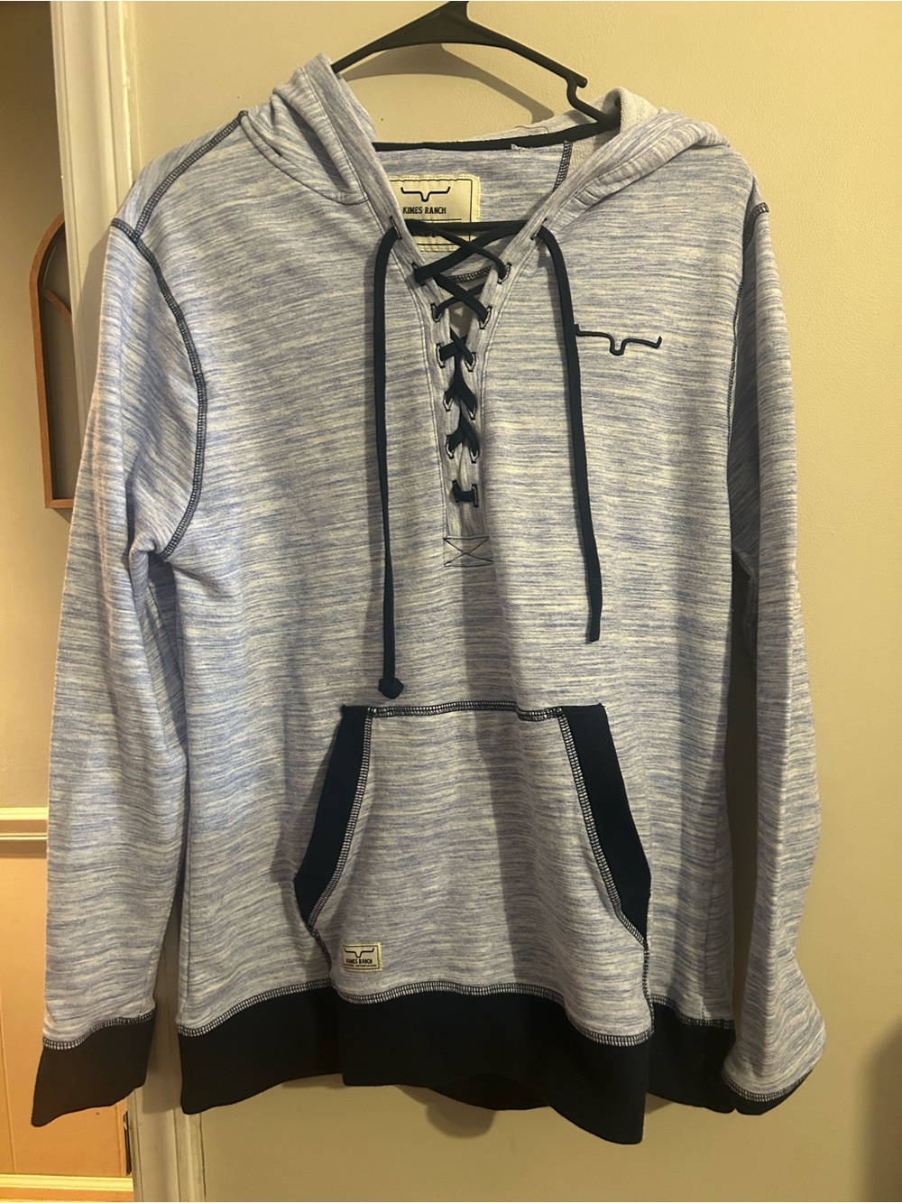 Kimes Ranch Heathered Light Blue Lace-Up Hoodie with Navy Trim